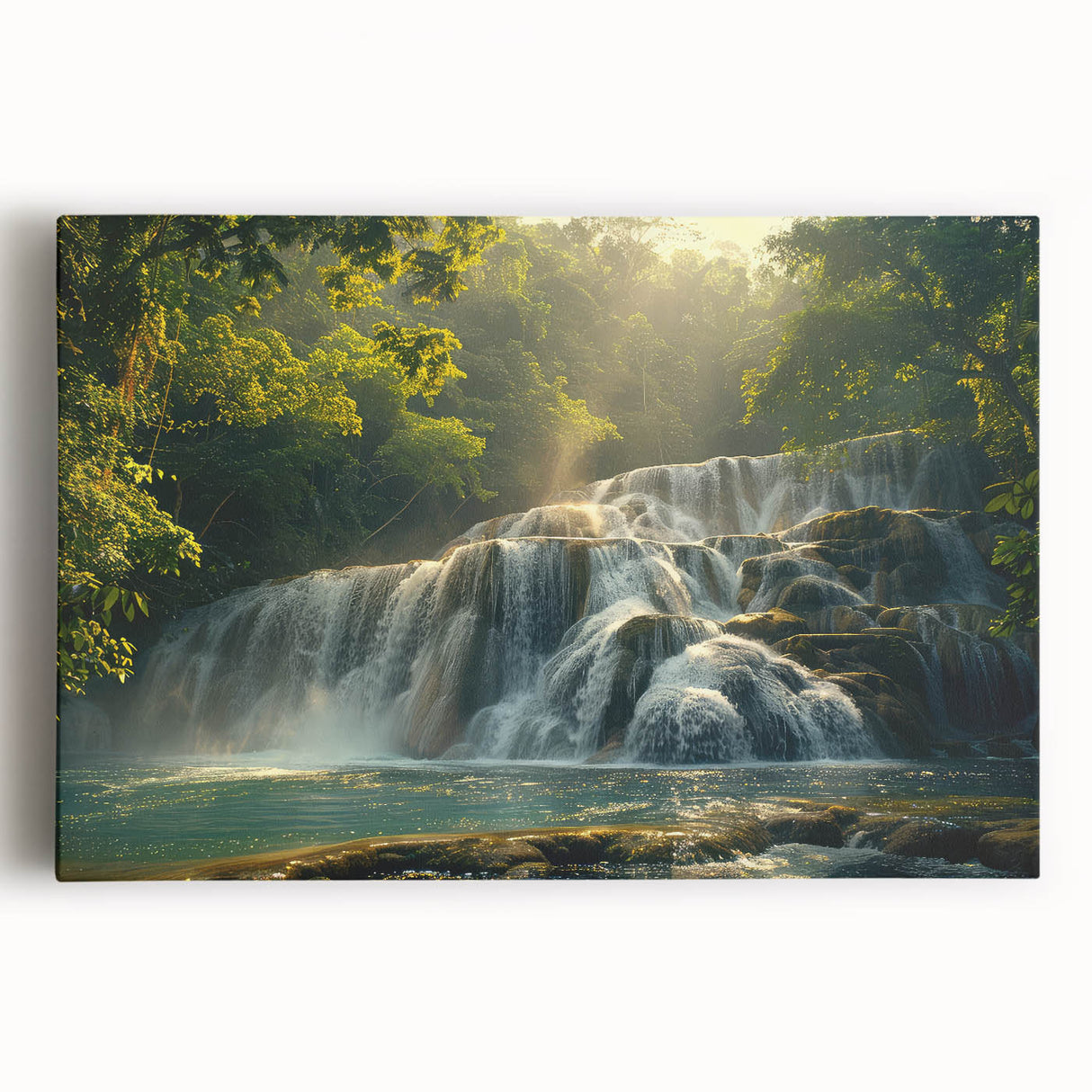 Stretched canvas artwork showcasing a serene waterfall landscape, featuring vibrant blue and green hues. Ideal for enhancing home decor with a natural theme.