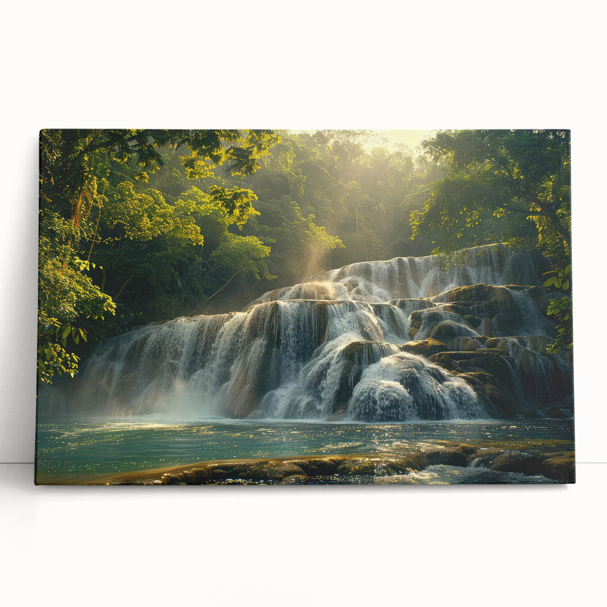 Stretched canvas wall art showcasing a vibrant waterfall landscape with lush greenery, perfect for enhancing home decor and creating a calming atmosphere.