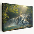 Stretched canvas wall art showcasing a vibrant landscape of waterfalls and lush greenery, designed for decorative home accents. Perfect for nature enthusiasts.