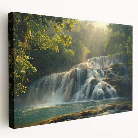 Stretched canvas wall art showcasing a vibrant landscape of waterfalls and lush greenery, designed for decorative home accents. Perfect for nature enthusiasts.