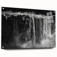 Acrylic glass wall art showcasing a serene landscape waterfall scene, elegantly displayed in a side view with decorative pins, ideal for enhancing home decor.
