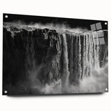 Acrylic glass wall art showcasing a serene landscape waterfall scene, elegantly displayed in a side view with decorative pins, ideal for enhancing home decor.