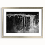 Framed wall art featuring a serene waterfall landscape design in silver matting, showcasing vibrant blues and greens, perfect for enhancing home decor.