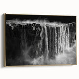 Framed canvas wall art showcasing a serene waterfall landscape design with gold accents, displayed in a stylish side view, perfect for enhancing home decor.