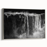 Framed canvas wall art showcasing a serene waterfall landscape with vibrant colors, elegantly designed in a silver frame, perfect for enhancing home decor.