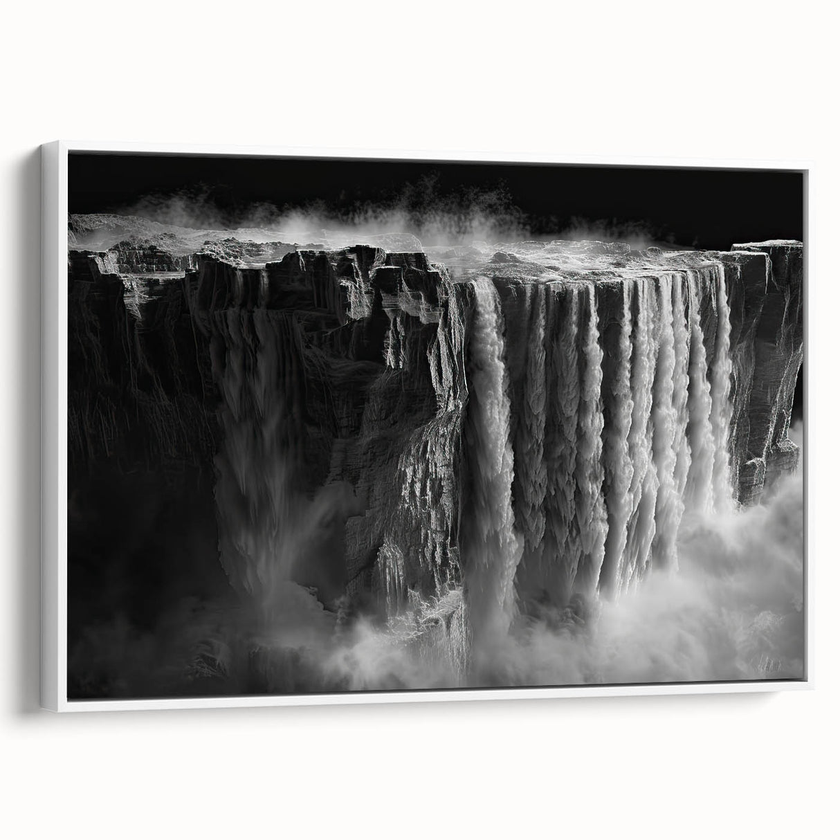 Framed canvas wall art showcasing a serene waterfall landscape design, featuring vibrant blues and greens, ideal for home decor and nature enthusiasts.