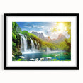 Framed wall art featuring a serene waterfall landscape design, with a black mat and sleek black frame, ideal for enhancing home decor and creating a calming atmosphere.