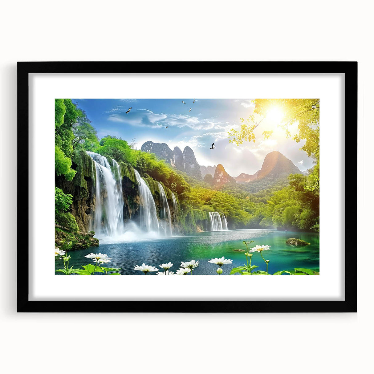 Framed wall art featuring a serene waterfall landscape design, with a black mat and sleek black frame, ideal for enhancing home decor and creating a calming atmosphere.