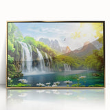 Framed wall art showcasing a stunning waterfall landscape design, accented with a gold frame, perfect for adding elegance to home decor. The acrylic finish enhances the vivid colors of the natural scene, making it a captivating focal point for any room.