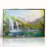 Framed acrylic wall art featuring a stunning landscape of a waterfall, with vibrant colors and intricate details, perfect for enhancing modern home decor.