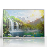 Framed acrylic wall art featuring a serene landscape with a cascading waterfall, designed in a modern aesthetic with a white frame, perfect for home decor.