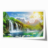 Vibrant rolled print of a serene waterfall landscape showcasing lush greenery and cascading water, ideal for home decor and nature-themed art collections.