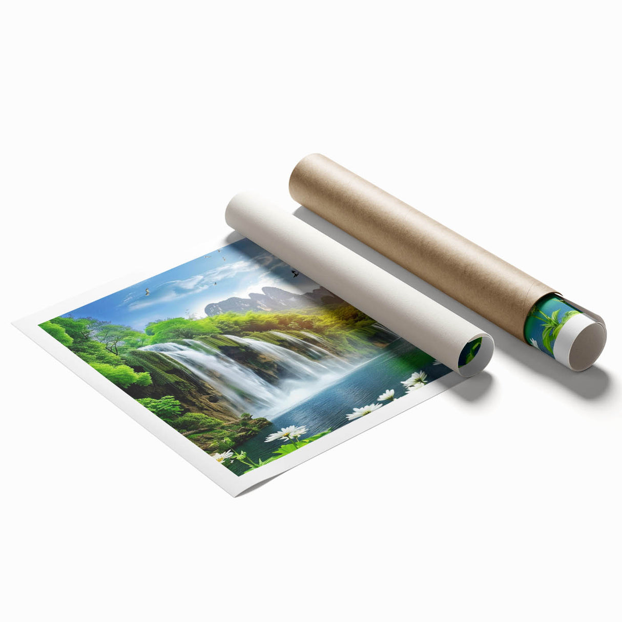 A serene landscape featuring a majestic waterfall cascading down lush green cliffs, perfect for home decor, showcasing nature's beauty in vibrant colors.