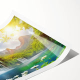 Vibrant rolled print of a serene waterfall landscape, showcasing lush greenery and cascading water, ideal for enhancing home decor with a nature-inspired theme.