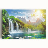 Stretched canvas artwork of a vibrant waterfall landscape, showcasing lush greenery and flowing water, ideal for home decor and nature lovers.