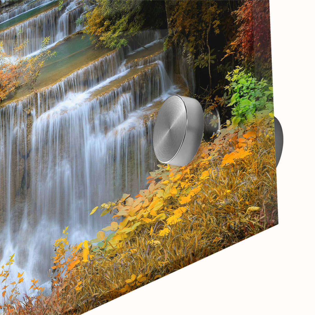 Close-up of a vibrant acrylic glass wall art piece showcasing a stunning waterfall landscape, featuring lush greenery and a serene atmosphere, ideal for home decor.