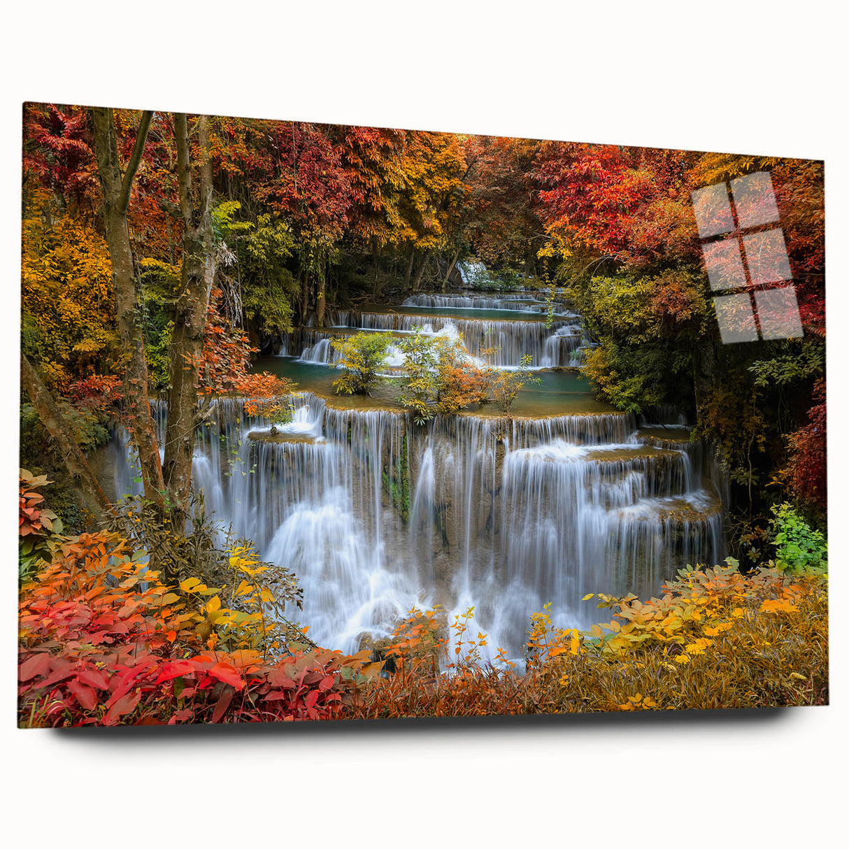 Acrylic wall art design showcasing a stunning waterfall landscape, featuring vibrant colors and intricate details, presented in a sleek side view without pins. Ideal for home decor enthusiasts seeking nature-inspired pieces.