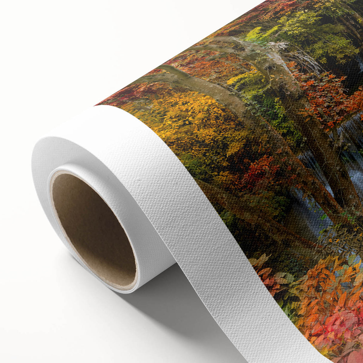 Rolled canvas artwork depicting a serene waterfall surrounded by lush greenery, showcasing vibrant blues and greens, ideal for nature-themed decor and relaxation.