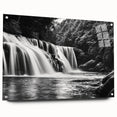 Acrylic glass wall art display showcasing a stunning waterfall landscape design, featuring vibrant colors and intricate details, framed with decorative pins for easy mounting.