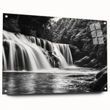 Acrylic glass wall art display showcasing a stunning waterfall landscape design, featuring vibrant colors and intricate details, framed with decorative pins for easy mounting.