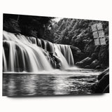 Acrylic wall art showcasing a vibrant landscape of waterfalls, displayed from a side view, featuring rich colors and smooth glass finish, perfect for home decor.