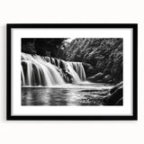 Framed wall art collection showcasing a serene waterfall landscape design, featuring a sleek black frame and white mat, ideal for home decor enhancement.