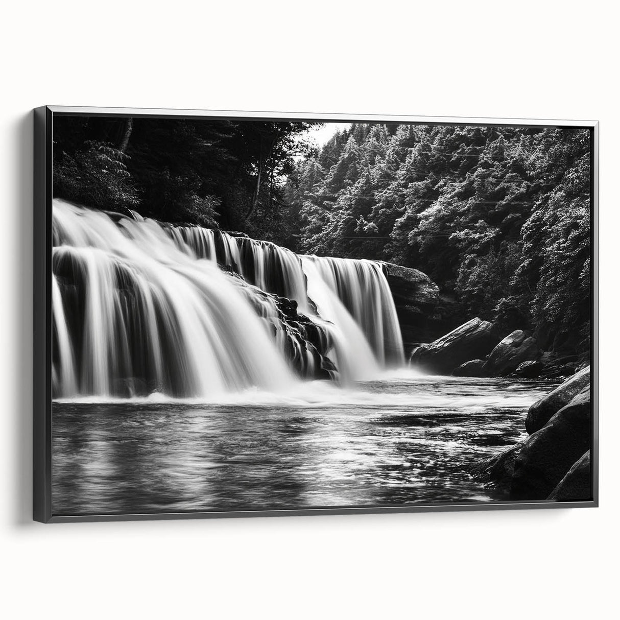 Framed canvas wall art featuring a serene waterfall landscape design, presented with a sleek black frame, ideal for enhancing home decor with nature-inspired aesthetics.