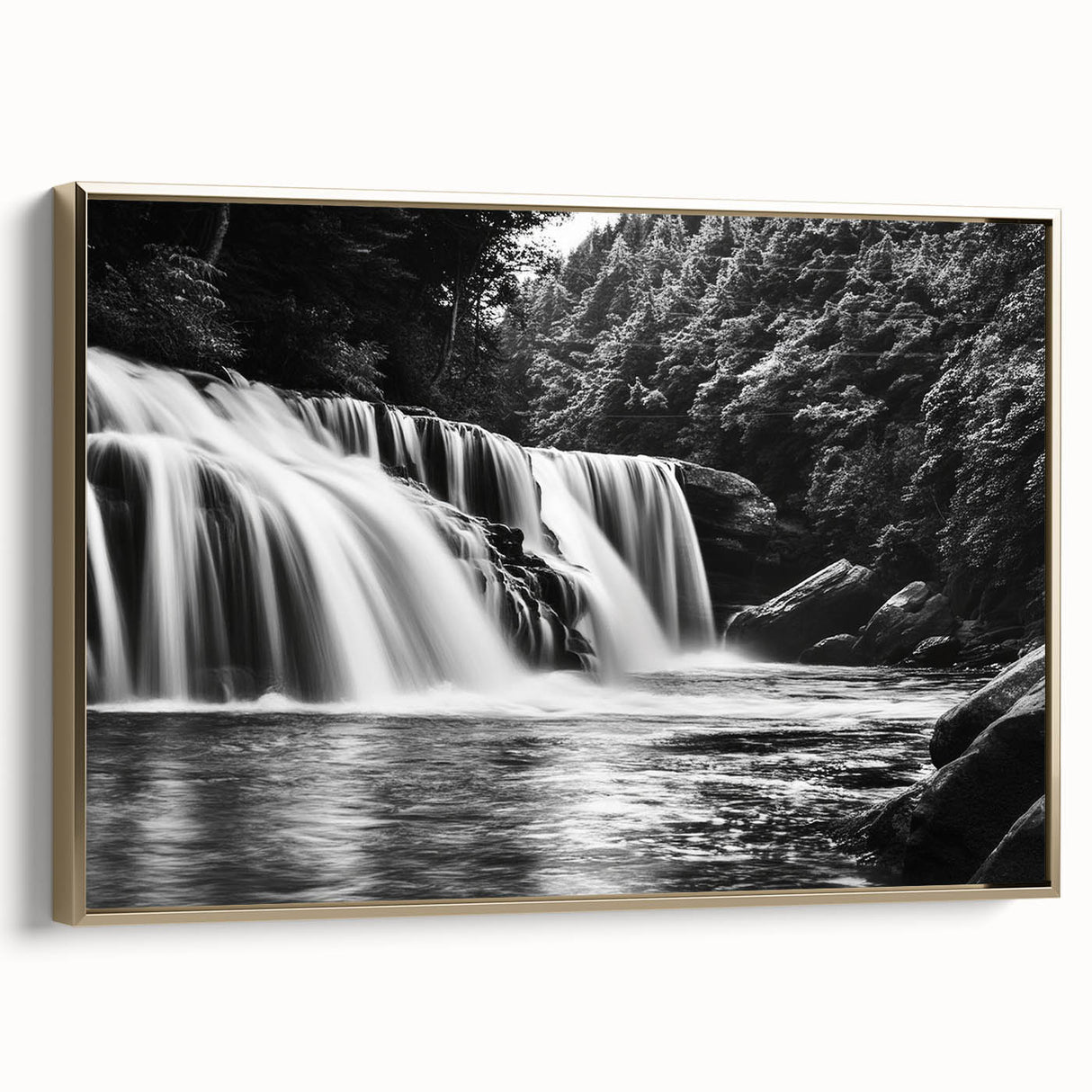 Framed canvas wall art showcasing a serene waterfall landscape with gold accents, ideal for home decor. Perfect for adding a touch of elegance to any room.