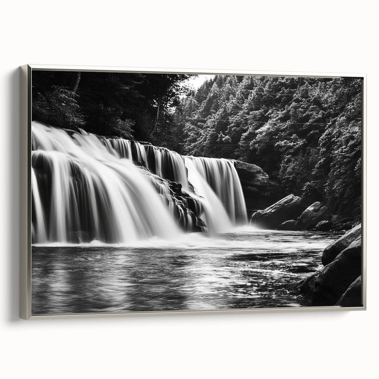 Framed canvas wall art showcasing a stunning waterfall landscape design with silver accents, ideal for home decor, enhancing any room's ambiance.