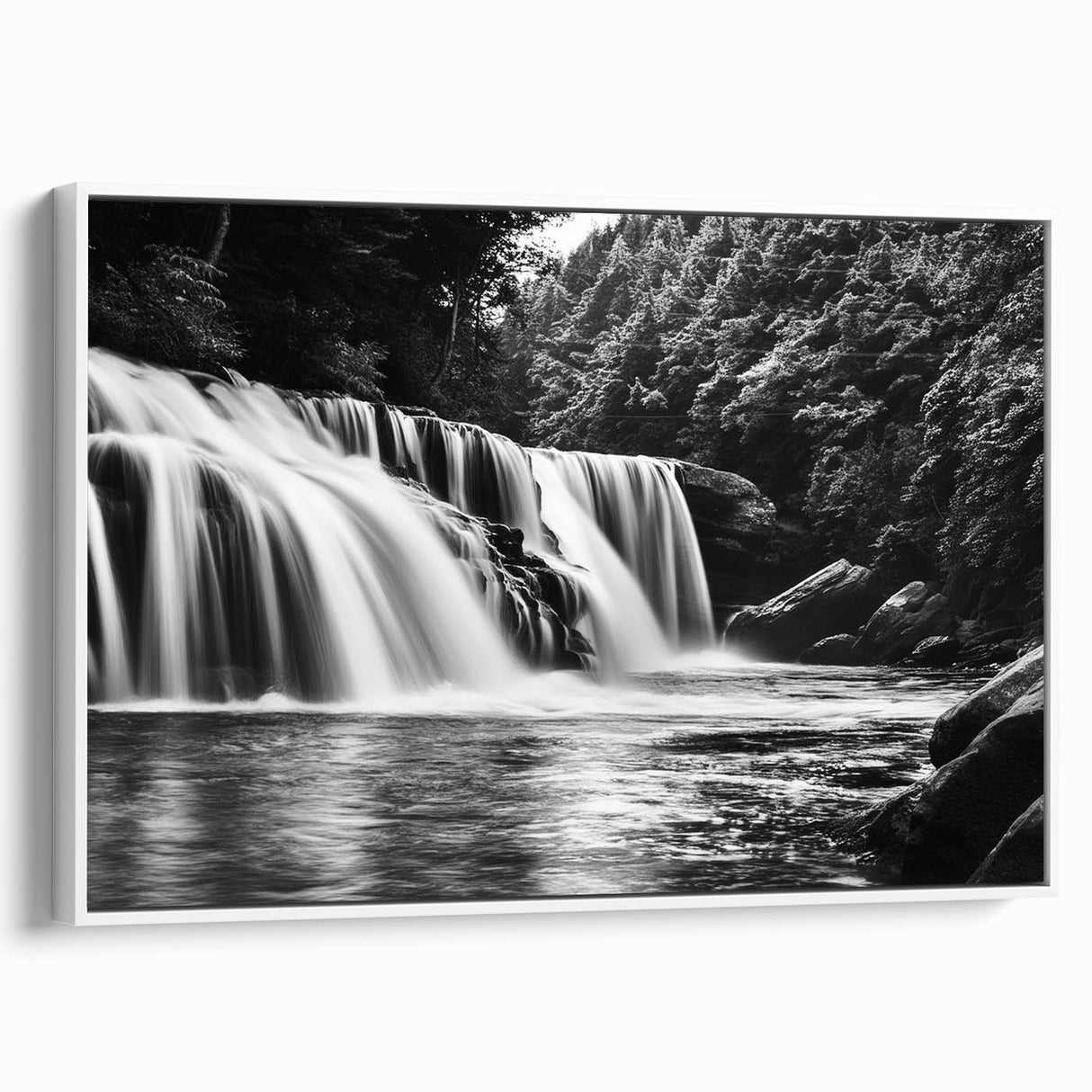 Framed canvas wall art displaying a serene waterfall landscape with vibrant greenery and a natural setting, perfect for home decor in a white frame.