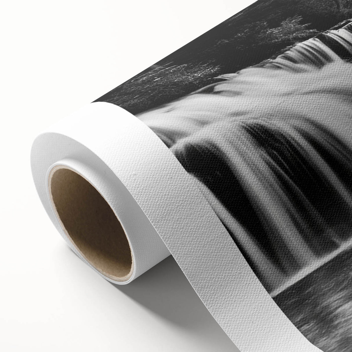 Vibrant rolled canvas artwork showcasing a serene waterfall landscape, featuring lush greenery and cascading water, ideal for enhancing home decor.