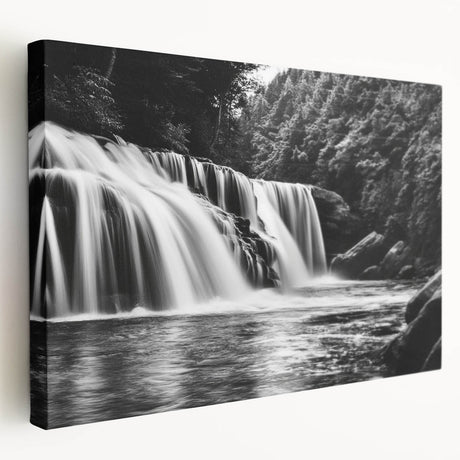 Stretched canvas wall art showcasing a serene landscape waterfall scene, featuring vibrant blue and green hues, perfect for adding a tranquil touch to home decor.