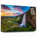 Acrylic wall art collection showcasing a vibrant landscape waterfall design, displayed from a side view with pins for secure hanging, ideal for modern decor.