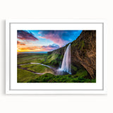 Framed white mat waterfall landscape wall art design, showcasing vibrant colors and dynamic flow, perfect for enhancing home decor and creating a serene atmosphere.