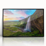Framed acrylic wall art showcasing a stunning landscape waterfall design, featuring vibrant colors and intricate details, ideal for home decor enhancement.