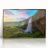 Framed acrylic wall art showcasing a vibrant waterfall landscape design with gold accents, perfect for home decor. Ideal for nature enthusiasts and art collectors.