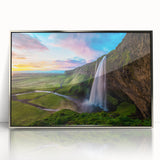 Framed wall art showcasing a stunning waterfall landscape design with vibrant colors, featuring sleek silver accents and a modern acrylic finish, ideal for home décor.