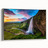 Framed canvas wall art showcasing a serene waterfall landscape design with silver accents, ideal for enhancing home decor and creating a tranquil ambiance.