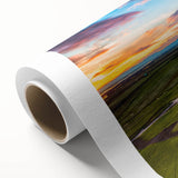 Serene landscape featuring a vibrant waterfall cascading down rocky cliffs, surrounded by lush greenery and colorful flowers, showcased as rolled canvas wall art design.