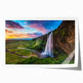 Lush landscape waterfall wall art print showcasing vibrant blues and greens, rolled and ready for framing, perfect for home decor enthusiasts.