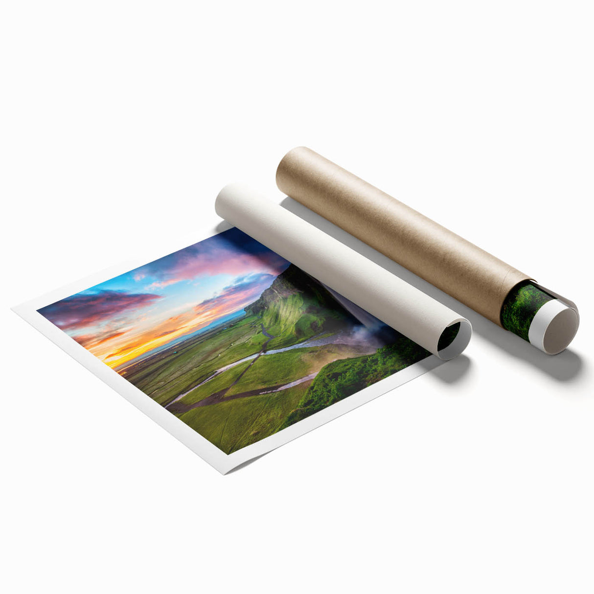 Stunning landscape wall art print showcasing a serene waterfall cascading over rocks, surrounded by lush greenery, perfect for home decor or nature-themed interiors.