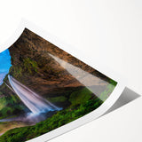 Colorful waterfall landscape wall art print showcasing vibrant blues and greens, perfect for home decor, rolled and ready for framing. Ideal for nature enthusiasts.