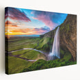 Stretched canvas wall art showcasing a vibrant waterfall landscape design, featuring rich blues and greens, ideal for enhancing any home decor.