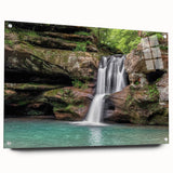 Acrylic glass wall art featuring a vibrant waterfall landscape design, displayed from a side view with decorative pins, perfect for enhancing modern decor.