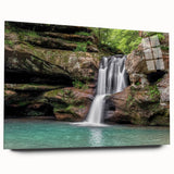Acrylic glass wall art design showcasing a stunning waterfall landscape, featuring vibrant colors and intricate details, perfect for home decor in a modern setting.
