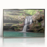Framed acrylic wall art featuring a stunning landscape waterfall design, showcasing vibrant blues and greens, ideal for enhancing modern home décor.