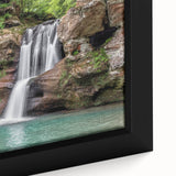 Framed canvas wall art showcasing a close-up of a vibrant landscape waterfall design, emphasizing rich colors and intricate details, perfect for home decor.