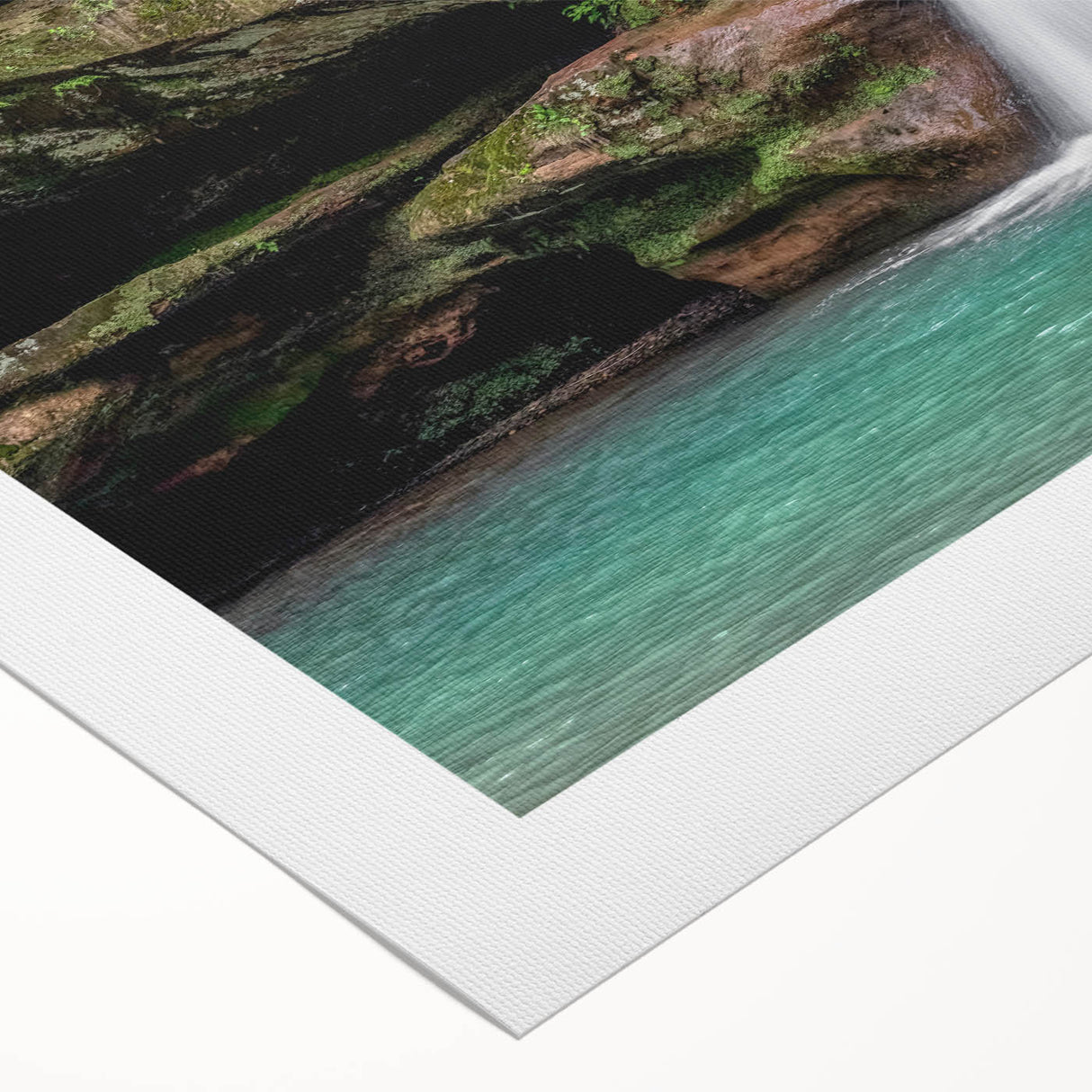 Serene landscape wall art showcasing cascading waterfalls amidst lush greenery, printed on rolled canvas, perfect for enhancing home decor.