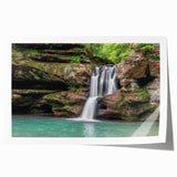 Stunning rolled print of a serene waterfall landscape, showcasing vibrant blue and green hues, perfect for enhancing home decor and creating a tranquil ambiance.