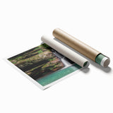 Stunning rolled print of a vibrant waterfall landscape, featuring lush greenery and cascading water, perfect for enhancing home decor with a natural theme.